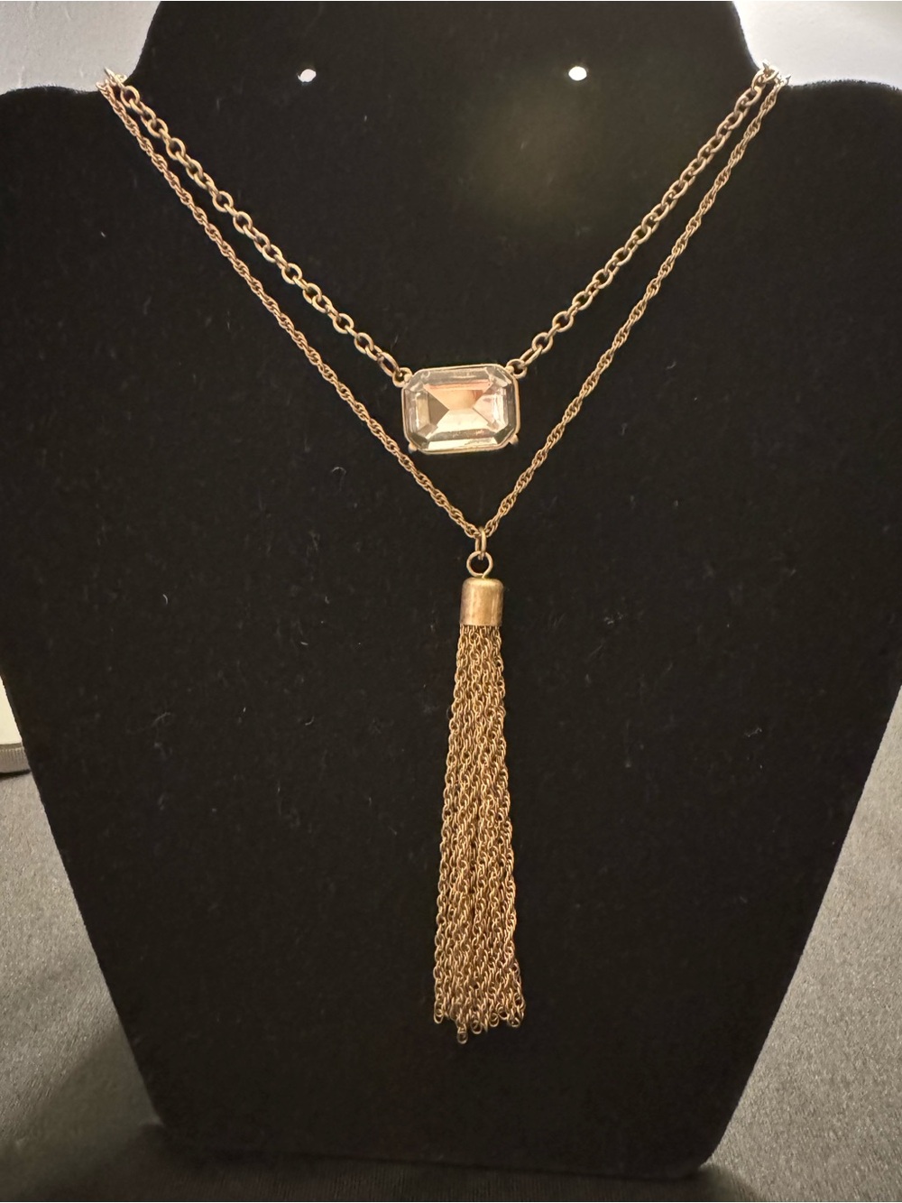 LOFT Layered Tassel Necklace - Antique Gold Tone - Crystal Accent 32”